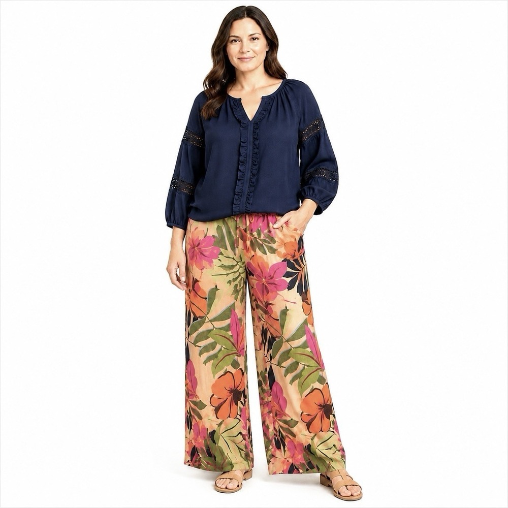 Sharagano 2 Pc Outfit Set PXL Coral Navy Peasant Blouse Tropical Wide Leg Pants